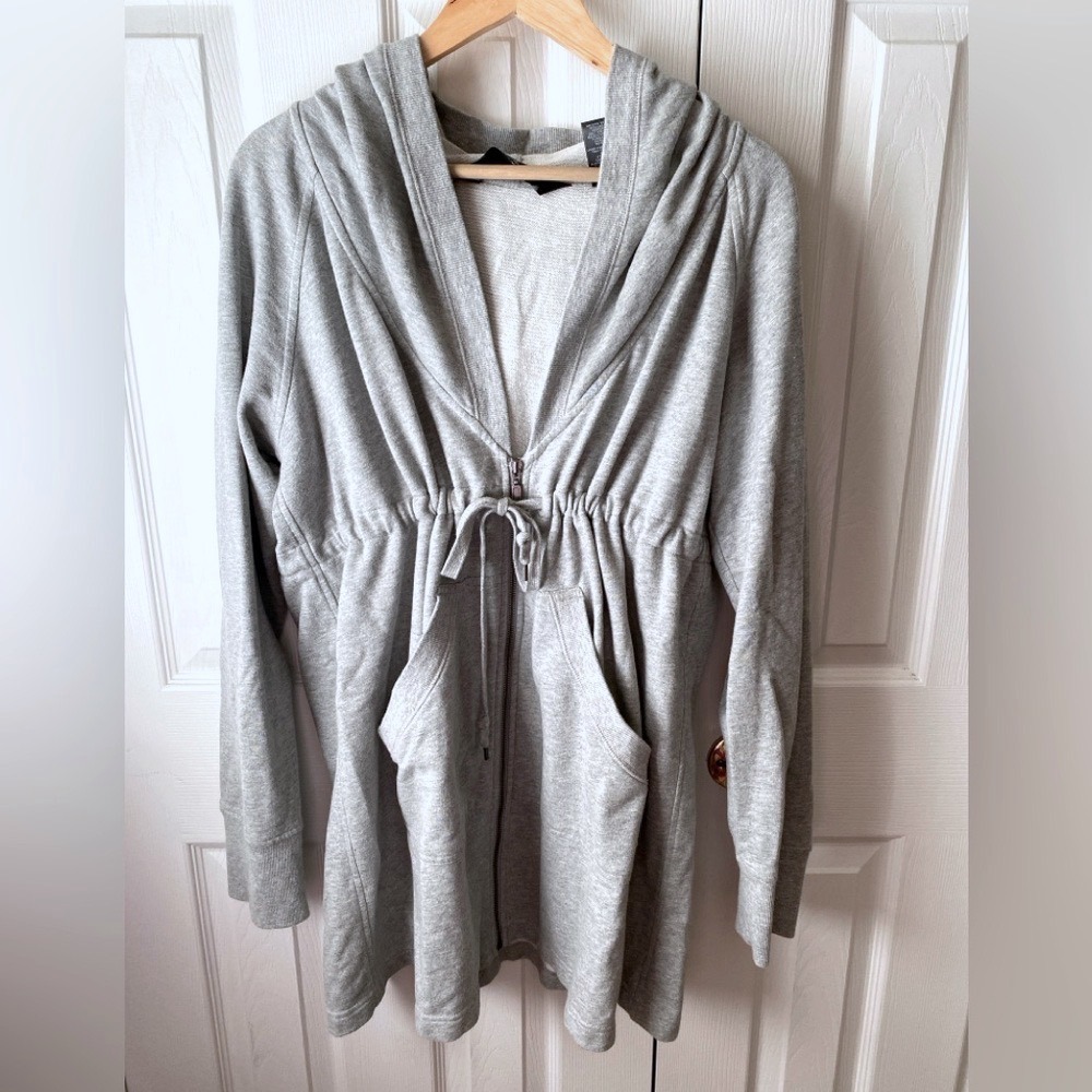 norma kamali Gray Heather V-Neck Drawstring Waist Longline Hooded Sweatshirt XL